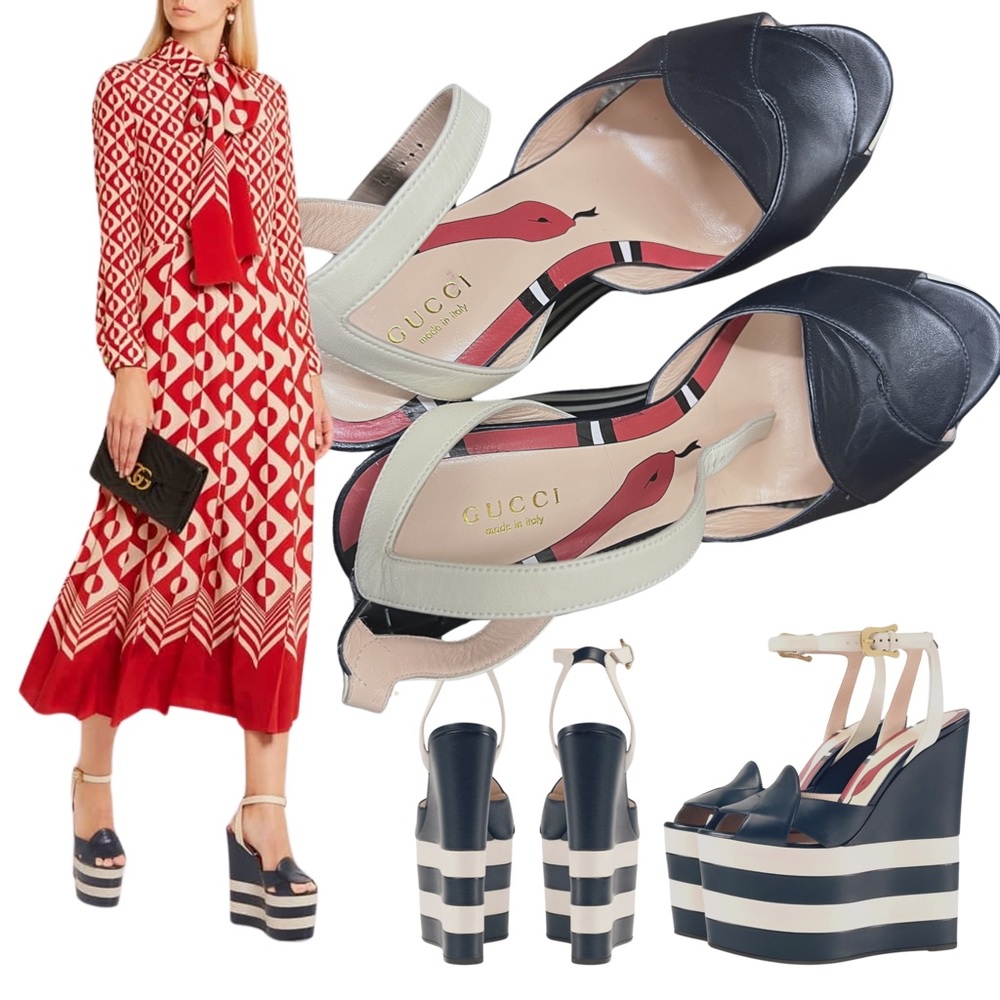 GUCCI • Platform Wedge • Navy Blue/Cream